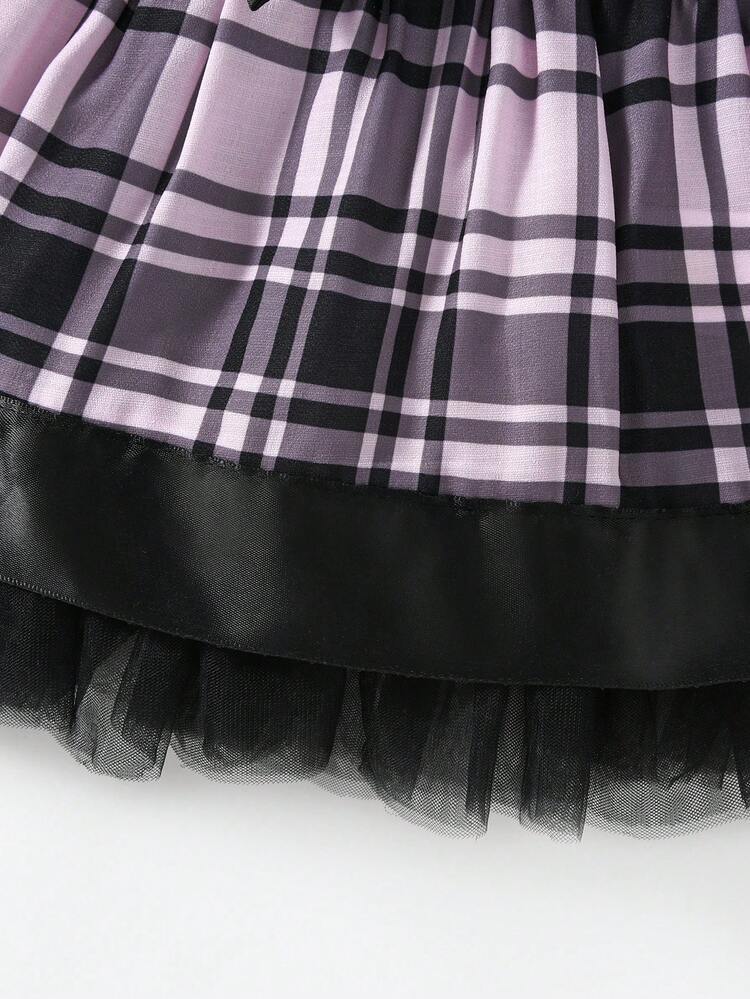 Baby Girls' Fashionable Retro Plaid Dress With Silk Ribbon, Bow Knot Decoration, Puff Sleeves, Low Waist And Fluffy Hem For Spring/Summer