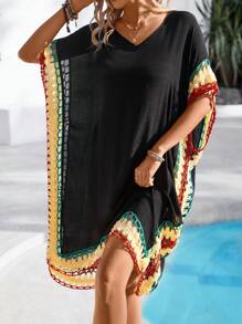 Breezaya Women's Colorblock Knitted Batwing Sleeve Dress - Black - View 6