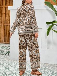 Mulvari Quý cô Hoa In Tay áo dài Bộ áo sơ mi và quần - Màu vàng - Xem 2