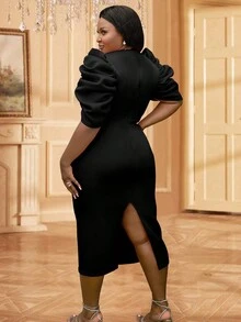 Robe de soirée moulante à manches bouffantes ajourées de grande taille, élégante, pour cocktail, semi-formelle, pour bal de promo, invité de mariage. Convient pour anniversaire, remise de diplôme, dîner, bal des finissants. - Noir - Voir 3