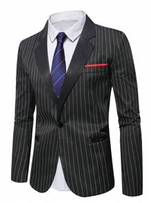 Calvornis 1pc Men's Plus Size Striped Long Sleeve Blazer Jacket - Black - View 1
