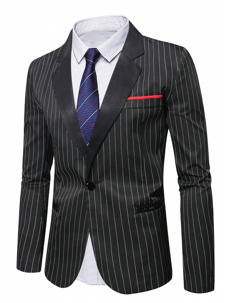 1pc Men's Plus Size Striped Long Sleeve Blazer Jacket