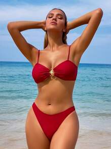 SHEIN Swim 纯色两件套比基尼套装夏季海滩 - 酒紅色 - 查看 4