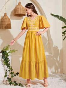 SHEIN Vestido De Punto Bordado Con Cuello En V Para Adolescentes - Amarillo - Ver 4
