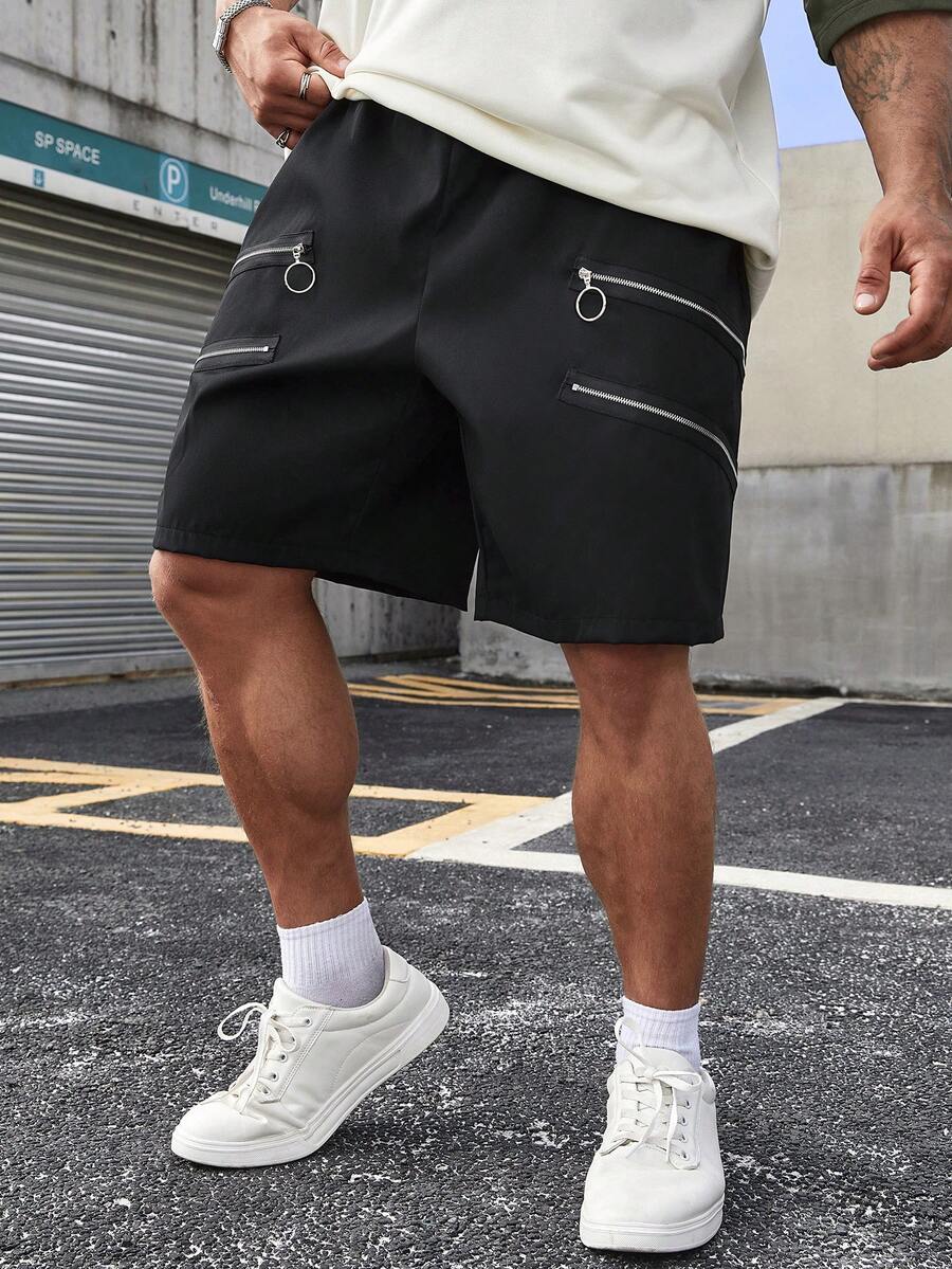 Manfinity EMRG Shorts Décorés Par Fermeture Éclair Et Taille Plus Pour Homme - Noir - Voir 1