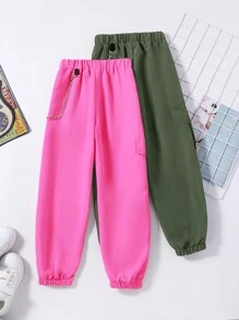 SHEIN Set Of 2 Tactical Style Pants For Tween Girls, Comes With Chain - Multicolor - View 2