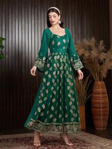 Al Najma Positioning Embroidery Sweetheart Neck Dress - Dark Green - View 4
