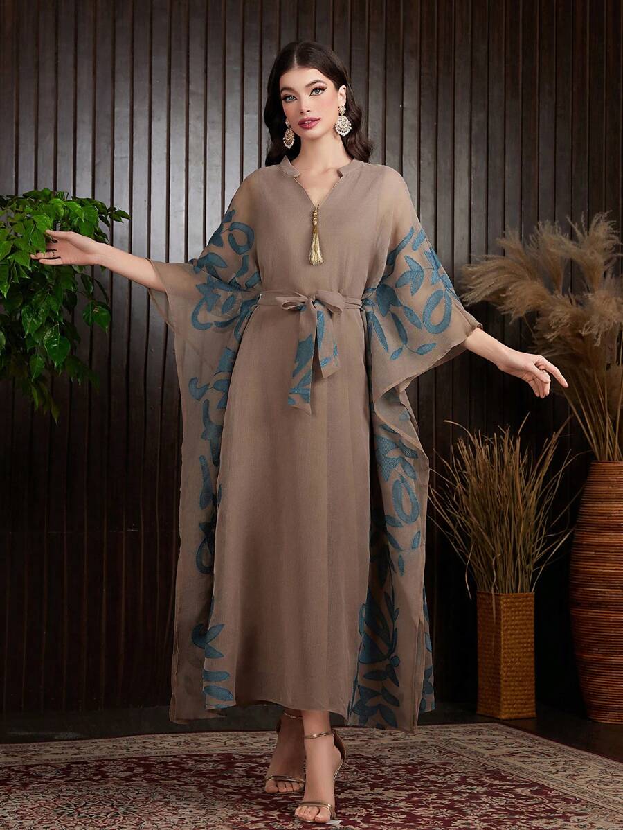 Al Najma Embroidered Notched Collar Batwing Sleeve Dress, Modest Kaftan - Khaki - View 1