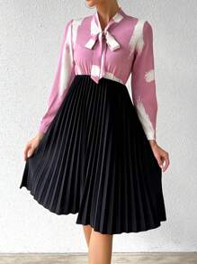 SHEIN Clasi 女士毛筆印花打結領長袖連衣裙 - 粉色 - 查看 3