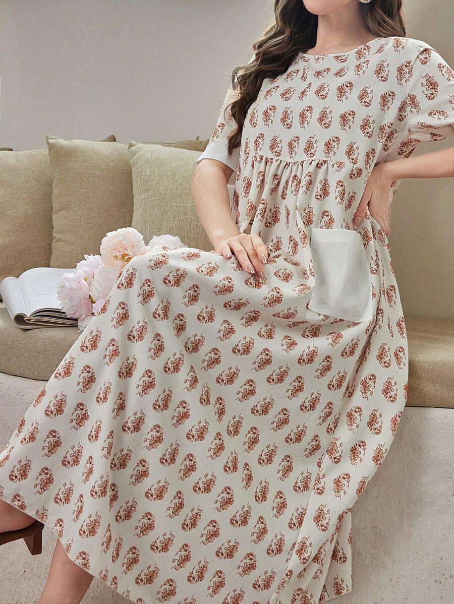 Seusyu 女性花卉印花雙口袋連衣裙 - 鏽棕色 - 查看 1