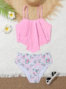 Tween Girls' Solid Color Cami Bikini Set With Ditsy Floral Print & Triangle Bottom - Multicolor - View 1