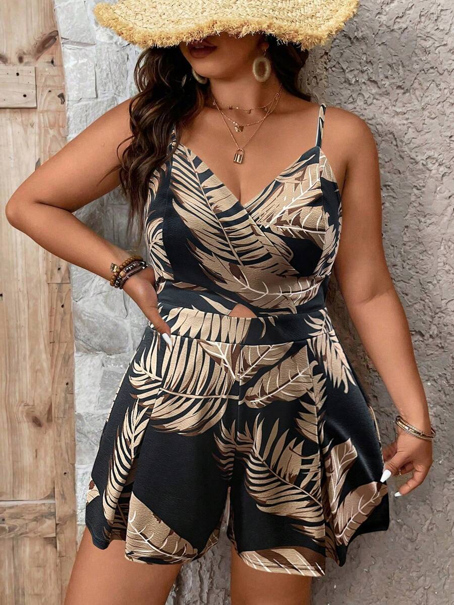 Breezaya Plus Size Tropical Printed Hollow Out Halter Neck Romper - Black - View 1