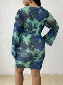 Flirla Plus Size Women's Draped-Neck Tie Dye Long Sleeve Dress - Green - View 2