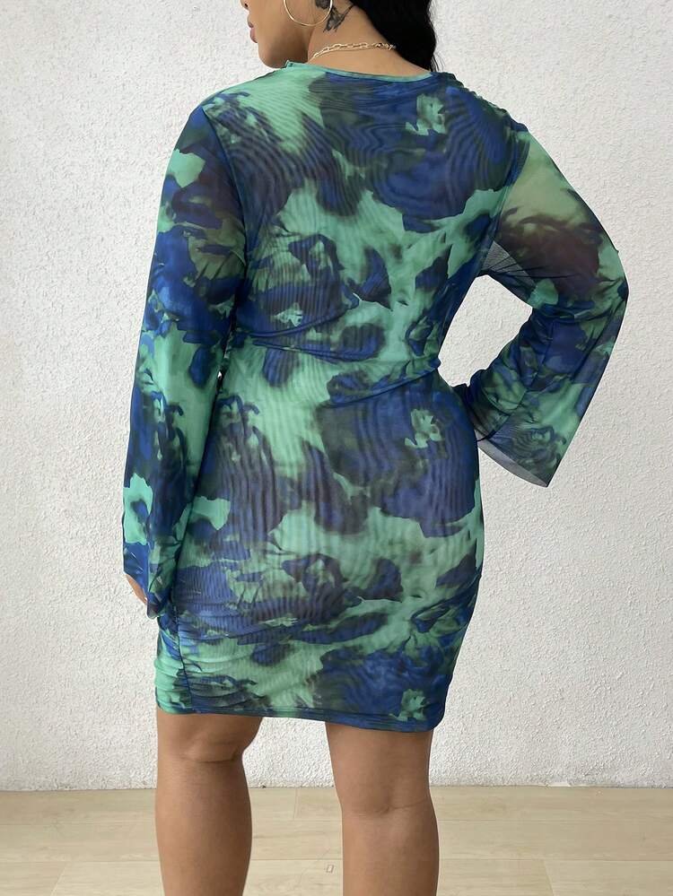 Plus Size Women's Draped-Neck Tie Dye Long Sleeve Dress