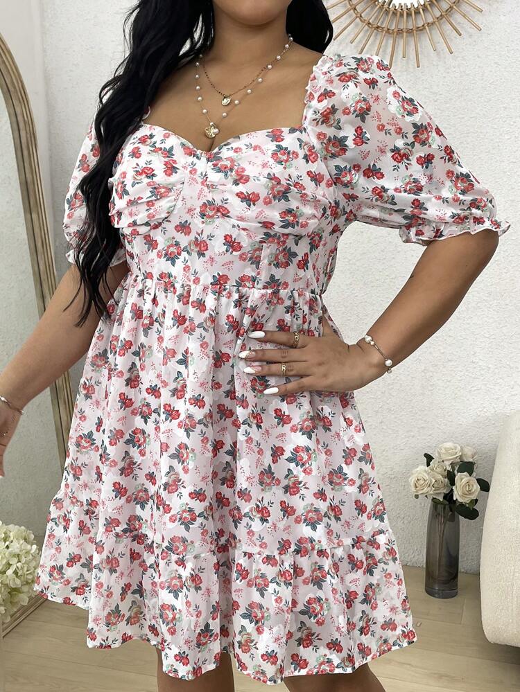 Plus Size Printed Sweetheart Neckline Dress With Chest Pleats