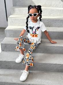 SHEIN Young Girl's Sunflower & Cow Pattern Fringe Hem Short Sleeve Top And Flared Pants Two Pieces Set For Summer - Pink - View 1