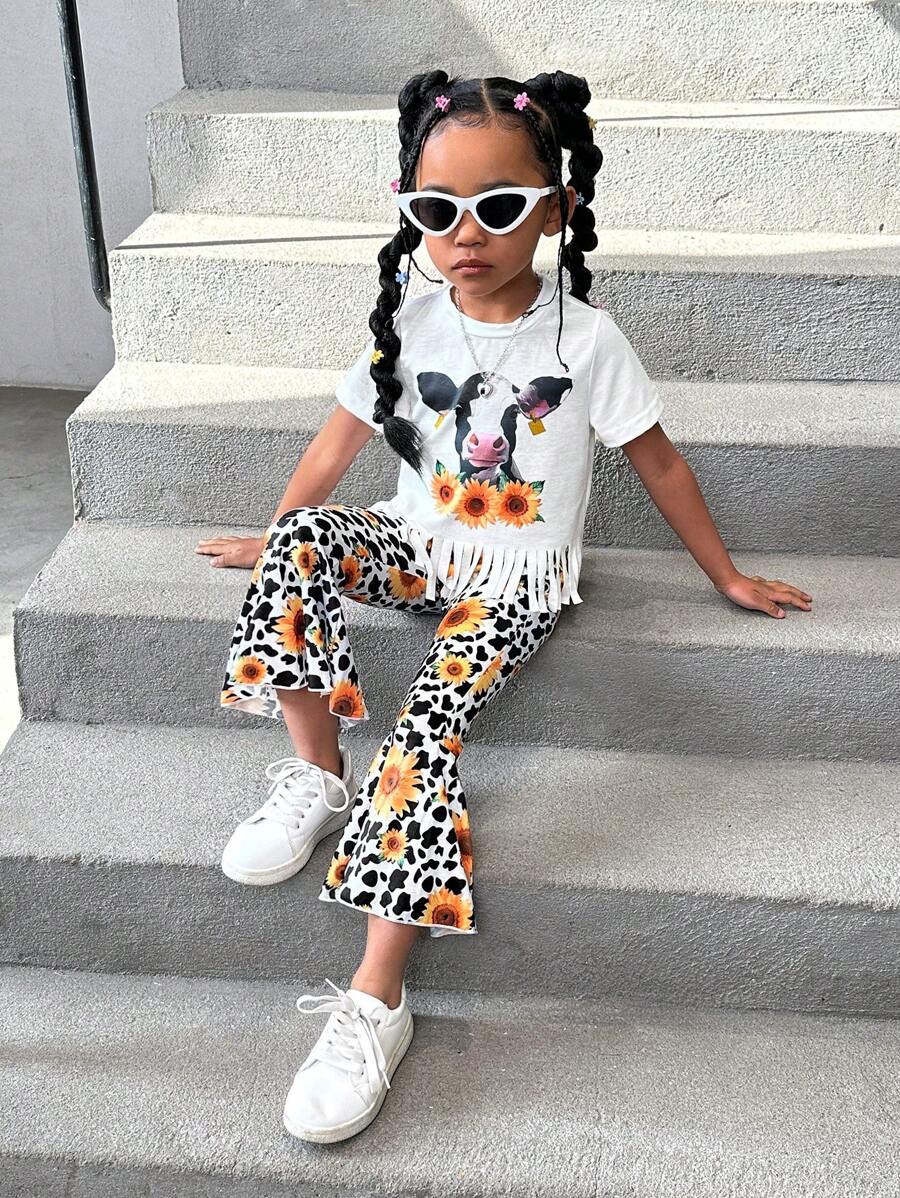 SHEIN Young Girl's Sunflower & Cow Pattern Fringe Hem Short Sleeve Top And Flared Pants Two Pieces Set For Summer - Pink - View 1