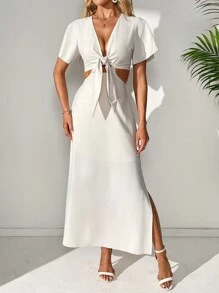 SHEIN Tall Women's Solid Color Button Front Tie Knot Hollow Out Dress - Beige - View 3