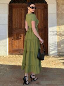 SHEIN Essnce Women's Summer Casual Holiday Travel Square Neck Short Sleeve Dress - Green - View 2