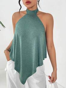 SHEIN Essnce Asymmetrical Hem Halter Top #Easter - Army Green - View 3