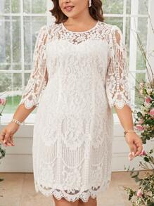 Reflora White Lace Splicing Bodycon Wedding White Dress - White - View 6