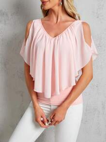 SHEIN Clasi Camiseta De Hombro Frío Y Plisado De Color Solido Para Mujeres - Rosa - Ver 5