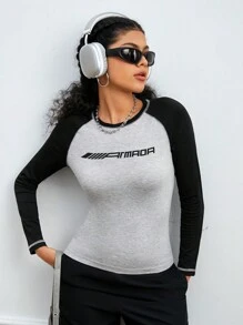 Street Sport T-shirt De Sport À Blocs De Couleurs Et Lettres Imprimées