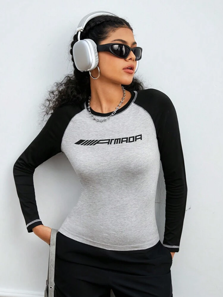 Color Block Letter Printed Sports T-Shirt