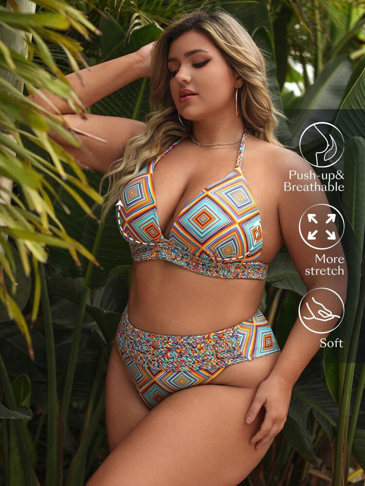 Plus Size Women's Geometric Pattern Print Halter Neck Bikini Set With Tie, Set Summer Beach