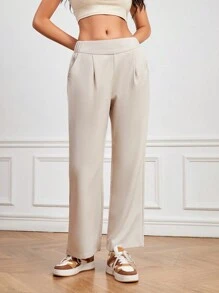 SHEIN Daily&Casual Pantalones Deportivos De Corte Recto En Color Sólido Para Mujer - Camel - Ver 3