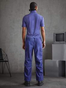Manfinity VCAY 2pcs/Set Knitted Casual Solid Color High Neck T-Shirt And Drawstring Pocket Pants - Blue - View 2