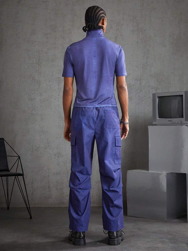 2pcs/Set Knitted Casual Solid Color High Neck T-Shirt And Drawstring Pocket Pants