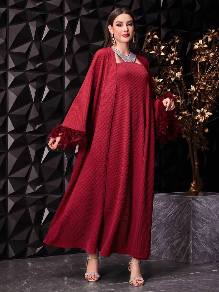 Burgundy Red Women's Solid Color Simple Style Diamond Decor Dress Coat 2pcs Set 2 Pieces Set