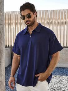 Manfinity Homme Nam Kích thước lớn Khóa kéo nửa mở Ngắn tay Áo polo - Màu xanh hải quân - Xem 5