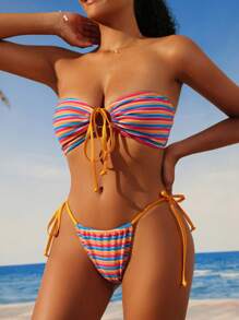 SHEIN Swim Women's Striped Bandeau Bikini Set Summer Beach - Multicolor - View 4