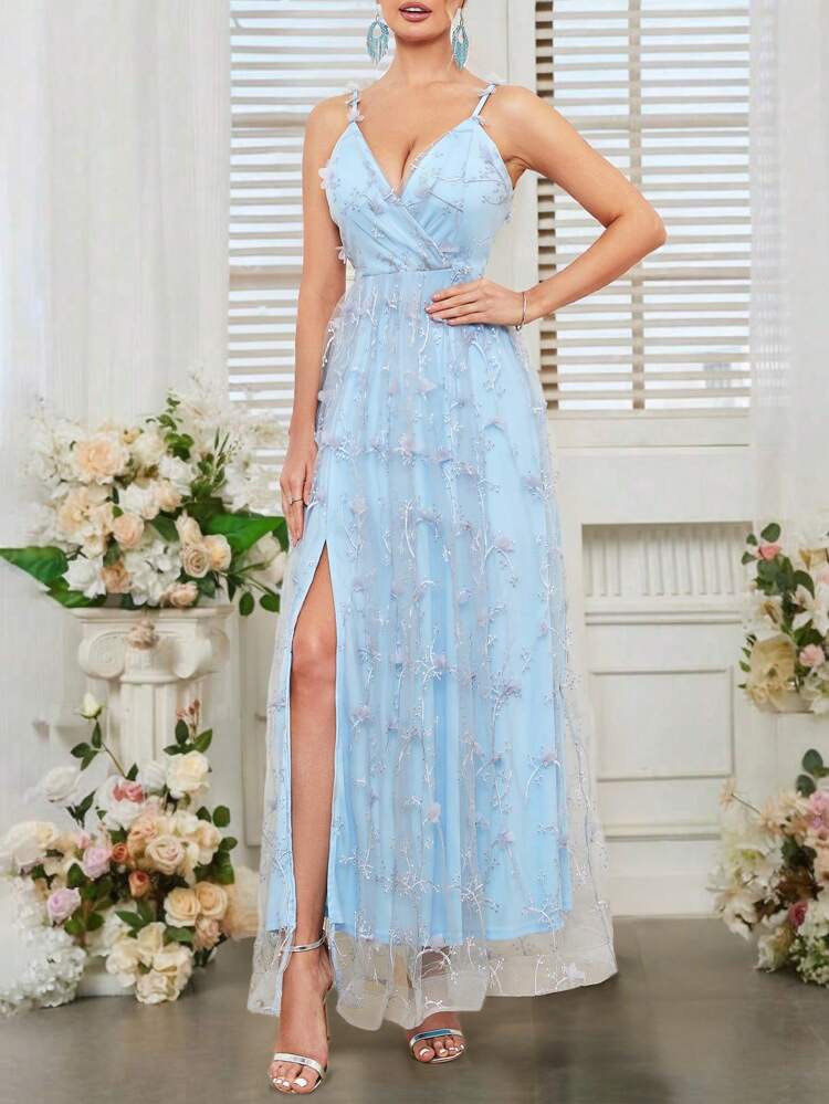 Elegant And Romantic Floral Embroidered Bridesmaid Dress With Spaghetti Straps