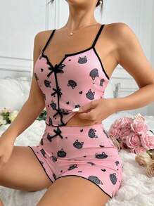 Conjunto De Pijama Para Mujeres Con Estampado De Gato - Rosa - Ver 4