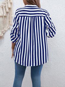 Calvaya Plus Size Striped Shirt With Notched Collar And Rolled-Up Sleeves, Summer - Multicolor - View 5