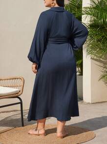 Seusyu Kích thước lớn Của phụ nữ Màu thuần Tay áo lồng đèn Ả Rập Quần áo - Màu xanh hải quân - Xem 3