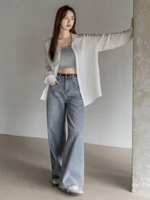 Dazy-Less Wide Leg Denim Jeans Old Money Style Business Casual Woman Work Clothes - Light Wash - View 2