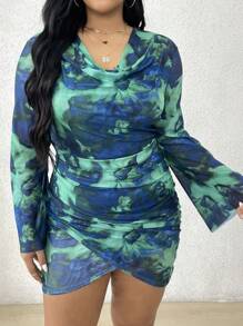 Flirla Plus Size Women's Draped-Neck Tie Dye Long Sleeve Dress - Green - View 1