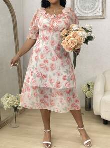 Flirla Rochie dublu strat la modă pentru femei de mărime plus, cu decolteu din dantelă, imprimeu floral și mâneci bufante - Multicolor - Vizualizare 1