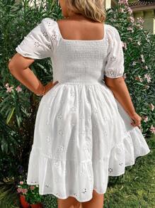 Sunnyshic Plus Size Elegant Pleated Chest Cutout Embroidered Dress Vacation Beach Outfits Women