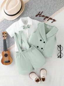 Baby Boy's Bowknot Short Sleeve Shirt And Double-Breasted Sleeveless Suit Jacket And Shorts Set - Green - View 3