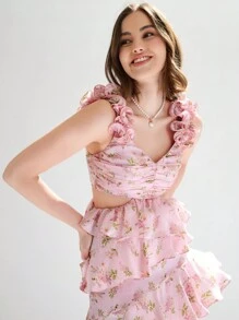 Enchnt Women's Romantic Floral Print Cut Out Ruffle Hem Asymmetrical Flowy Dress, Sundress Summer Dress - Pink - View 5