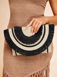 SHEIN SXY Woven Boho Versatile Fashion Color Block Clutch Straw Bag, For Vacation - Black - View 2