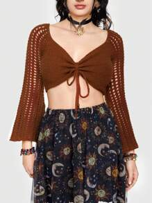 ROMWE Hippie Front Tie Flare Sleeve Eyelet Knitted Sweater - Rust Brown - View 6