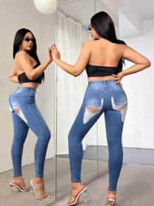 SHEIN SXY Women's Slim Fit Ripped Jeans - Blue - View 6