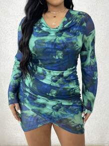 Flirla Plus Size Women's Draped-Neck Tie Dye Long Sleeve Dress - Green - View 3