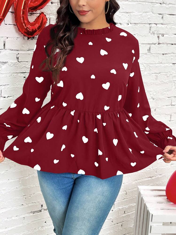 Plus Size Heart Print Umbrella Hem Blouse
